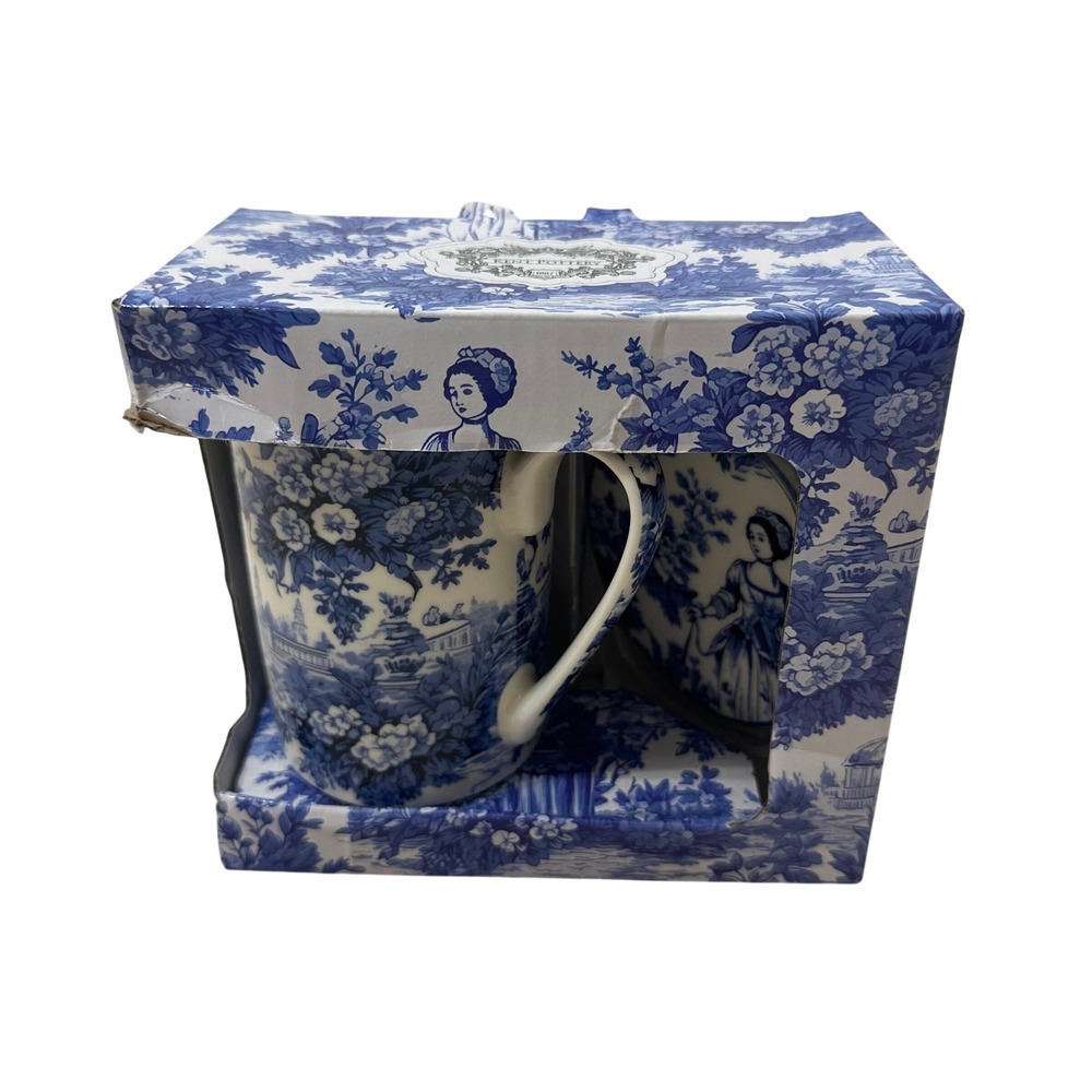 Kent Pottery Blue White Toile Mug and Coaster Set Lady Garden Floral Gift Box